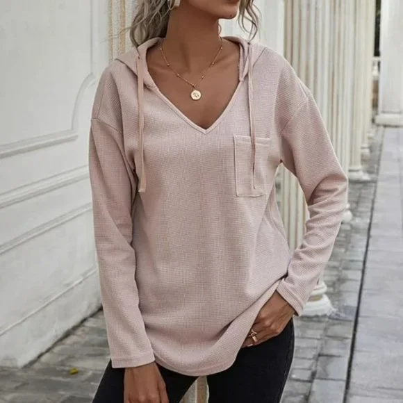 Comfy Curved Hem  Drop Shoulder Drawstring Hoodie Top light apricot blush - Picture 3 of 8